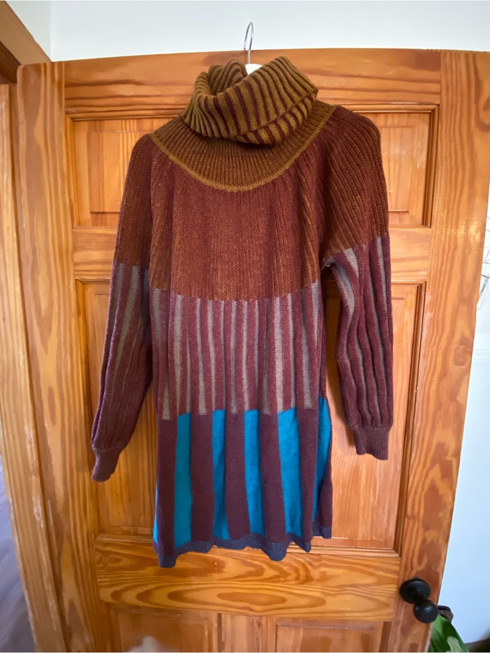 Vintage golden Brown & Teal Colorblock Turtleneck Sweater Dress or long sweater